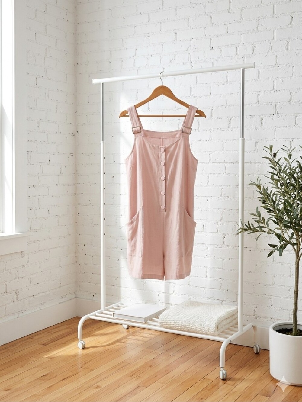 Girls' Light Pink Sleeveless Linen-Blend Romper